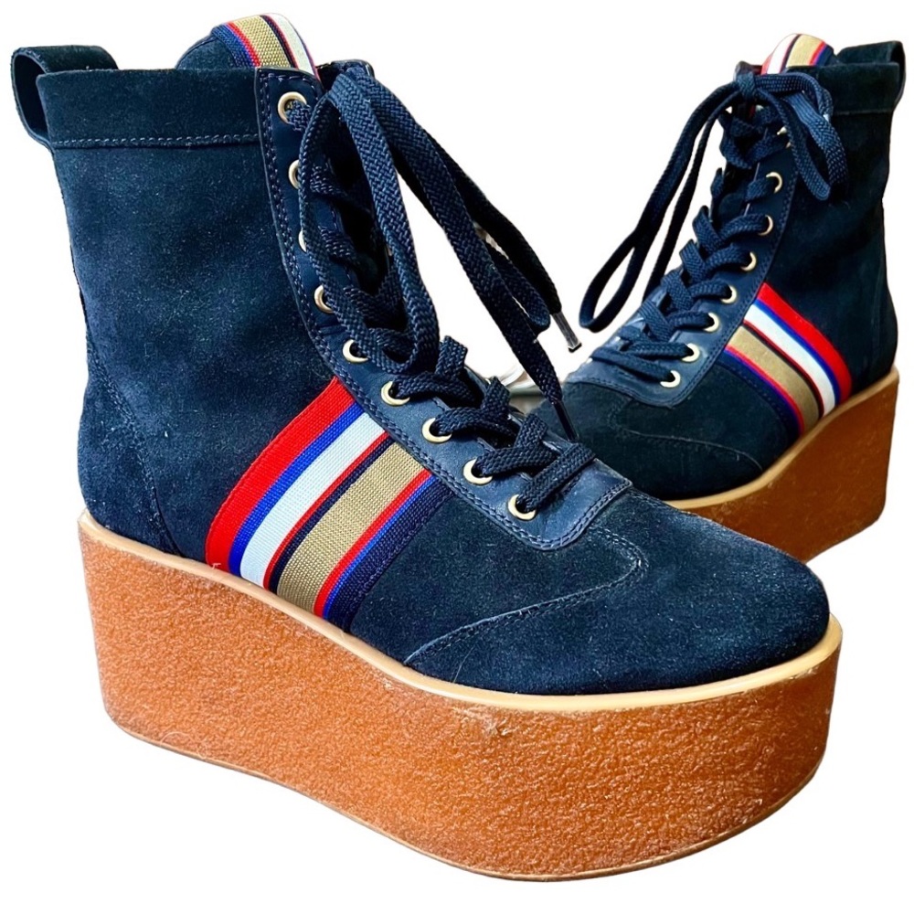 TORY BURCH Navy Suede Lace Up Platform Sneakers - Striped, High-Top, Lug, Size 8
